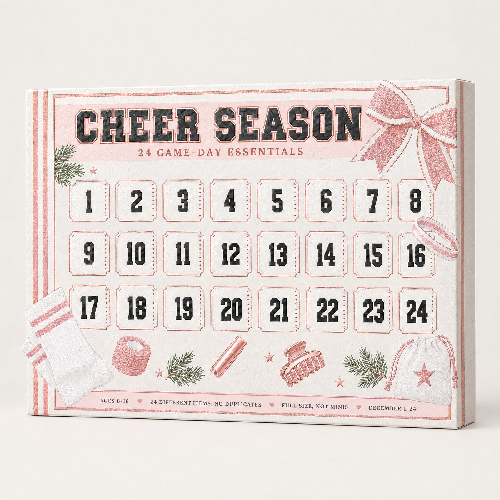 Cheer Season cheerleading advent calendar, 24 numbered ticket-stub doors with a blush glitter bow on the front